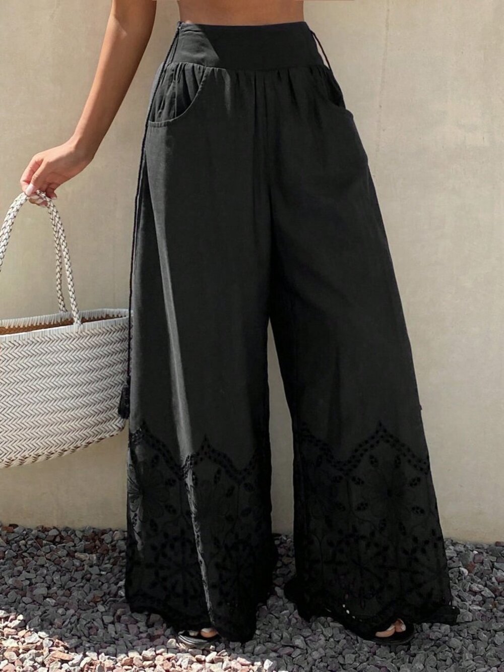 Black Boho Women's Lace Tie-Up Hollow Out Pants - Picture 5 of 7